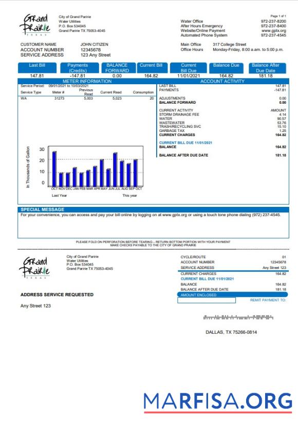 Профессиональный США Texas Grand Prairie Счёт за коммунальные услуги Счёт Шаблон in Word and PDF Формат