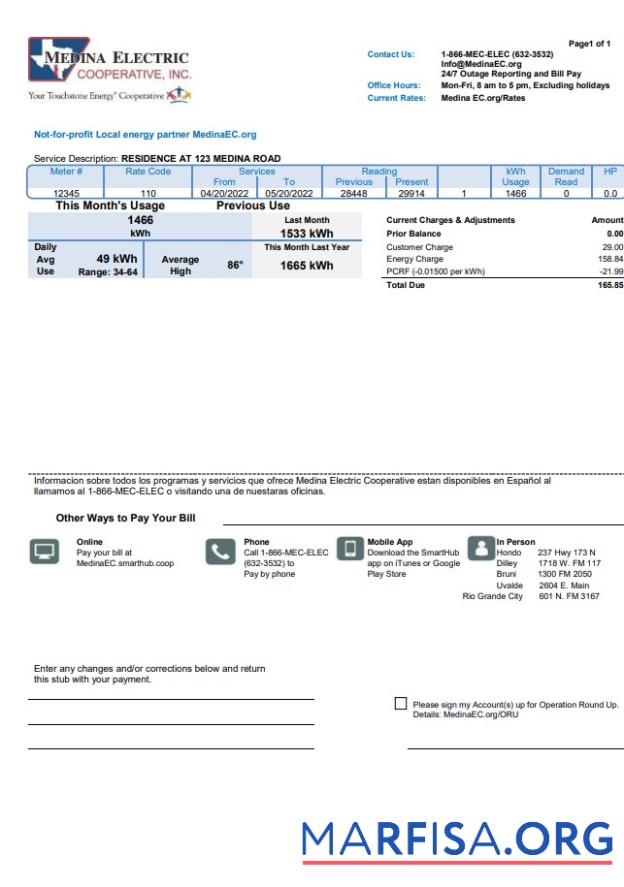 Высокое Качество США Texas Medina Electric Счёт за коммунальные услуги Счёт Шаблон in Word and PDF Формат