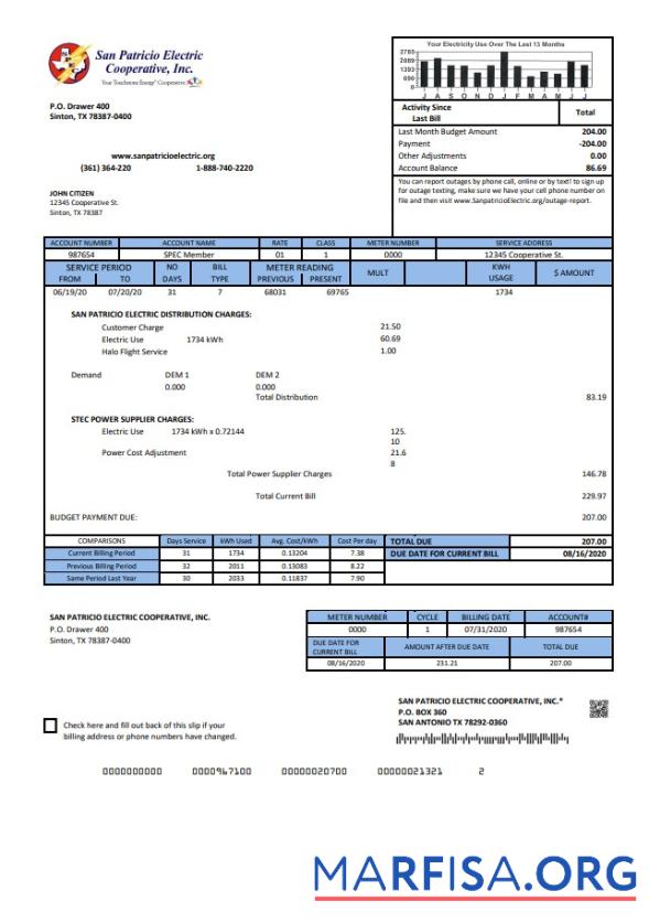 Редактируемый США Texas San Patricio Electric Corporative Счёт за коммунальные услуги Счёт Шаблон in Word and PDF (.doc and .PDF) Формат
