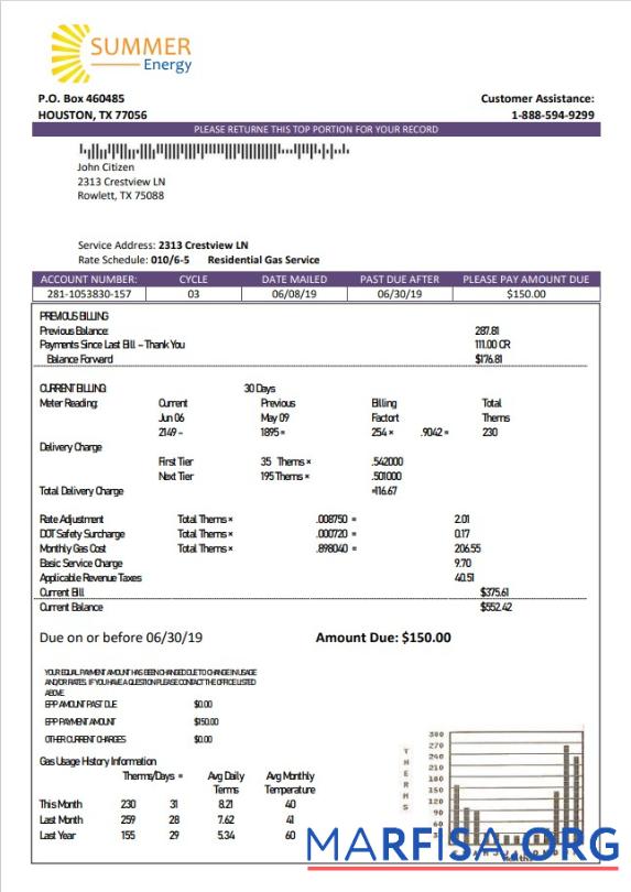 Реалистичный США Texas Summer Energy easy fillable Счёт за коммунальные услуги Счёт Шаблон in Word and PDF Формат