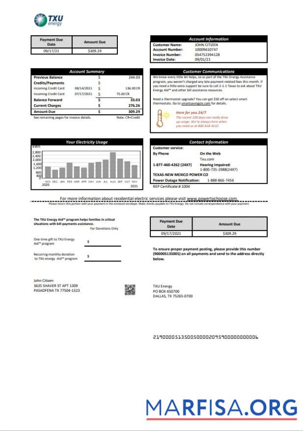 Редактируемый США Texas TXU Energy Счёт за коммунальные услуги Счёт Шаблон in Word and PDF Формат