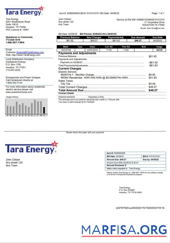 Редактируемый США Texas Tara Energy Счёт за коммунальные услуги Счёт Шаблон in Word and PDF Формат