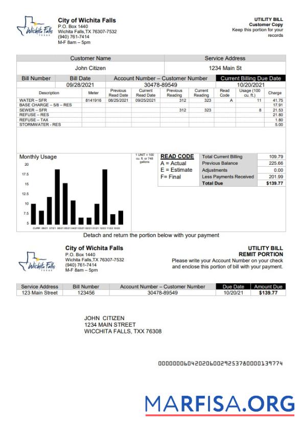 Реалистичный США The City of Wichita Falls Счёт за коммунальные услуги Счёт Шаблон in Word and PDF Формат