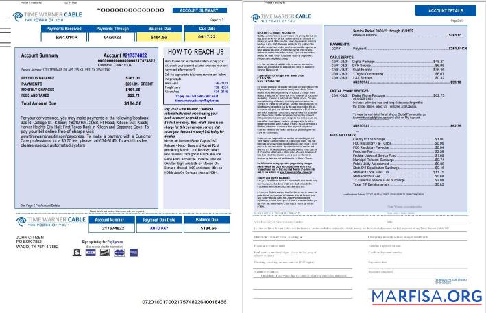 Реалистичный США Time Warner Cabel Счёт за коммунальные услуги Счёт, Word and PDF Шаблон, 3 pages 1 2