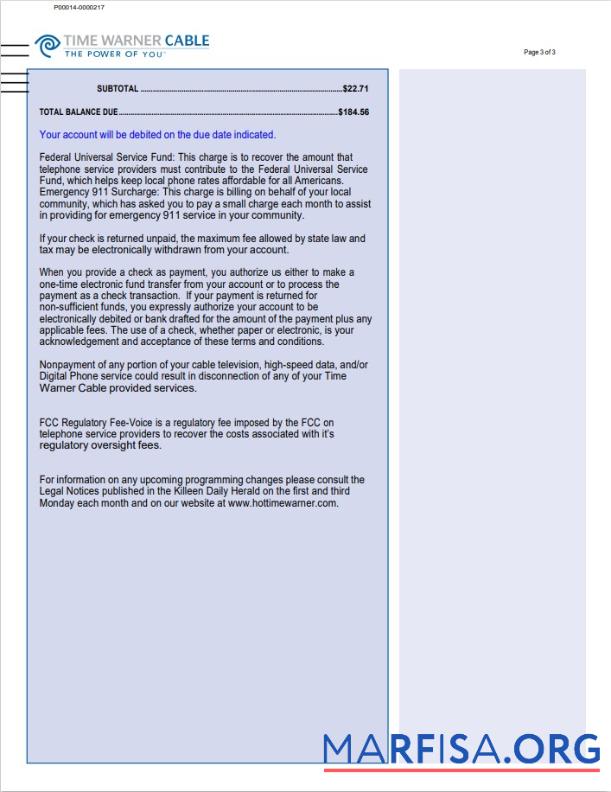 Реалистичный США Time Warner Cabel Счёт за коммунальные услуги Счёт, Word and PDF Шаблон, 3 pages 3