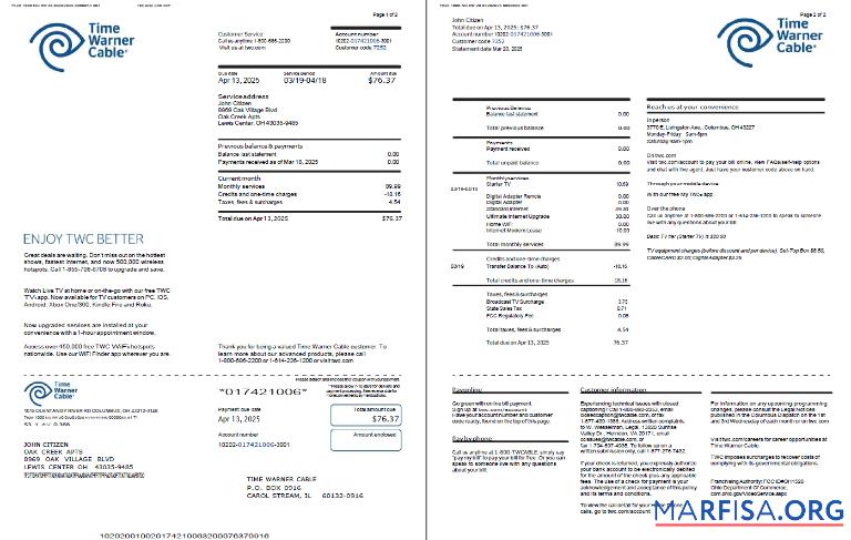Премиум США Time Warner Cable Счёт за коммунальные услуги Счёт Шаблон in Word and PDF Форматы, 2 pages