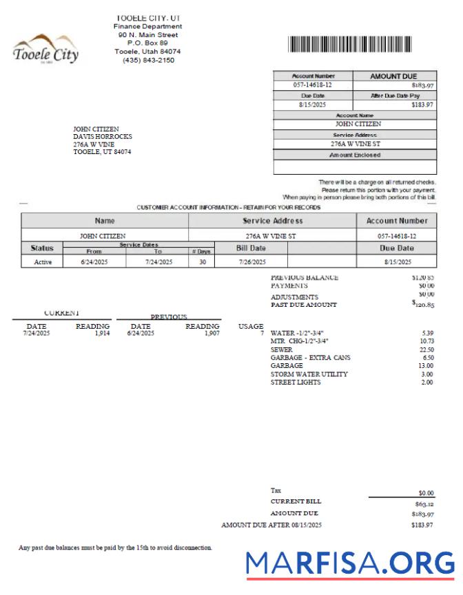 Реалистичный США Tooele city Счёт за коммунальные услуги Счёт Шаблон in Word and PDF Форматы