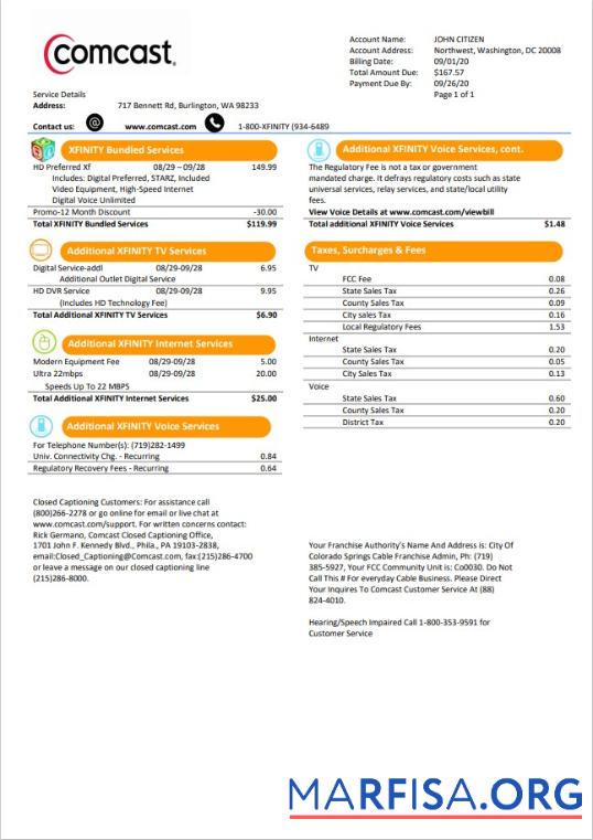 Реалистичный США Utah Comcast Счёт за коммунальные услуги Счёт Шаблон in Word and PDF Формат Версия 1