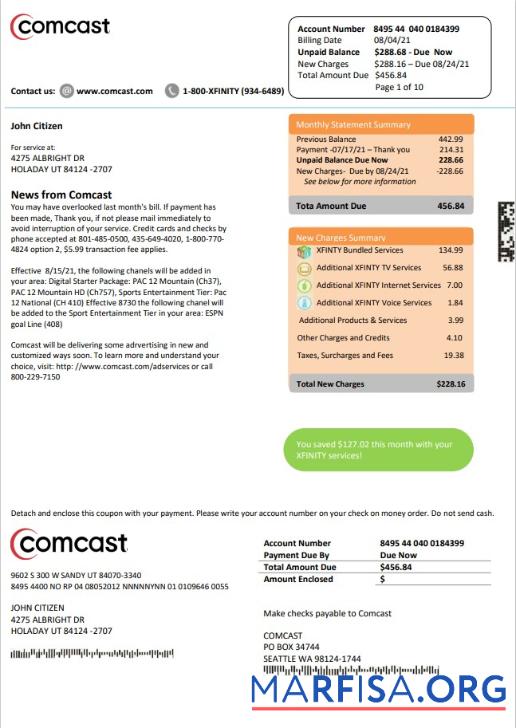 Профессиональный США Utah Comcast Счёт за коммунальные услуги Счёт Шаблон in Word and PDF Формат Версия 2