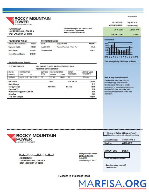 Редактируемый США Utah Rocky Mountain Power Электричество Счёт за коммунальные услуги Счёт Шаблон in Word and PDF Формат