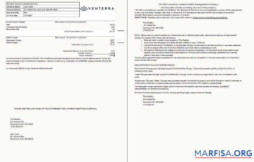 Премиум США Venterra Счёт за коммунальные услуги Счёт Шаблон in Word and PDF Форматы, 2 pages