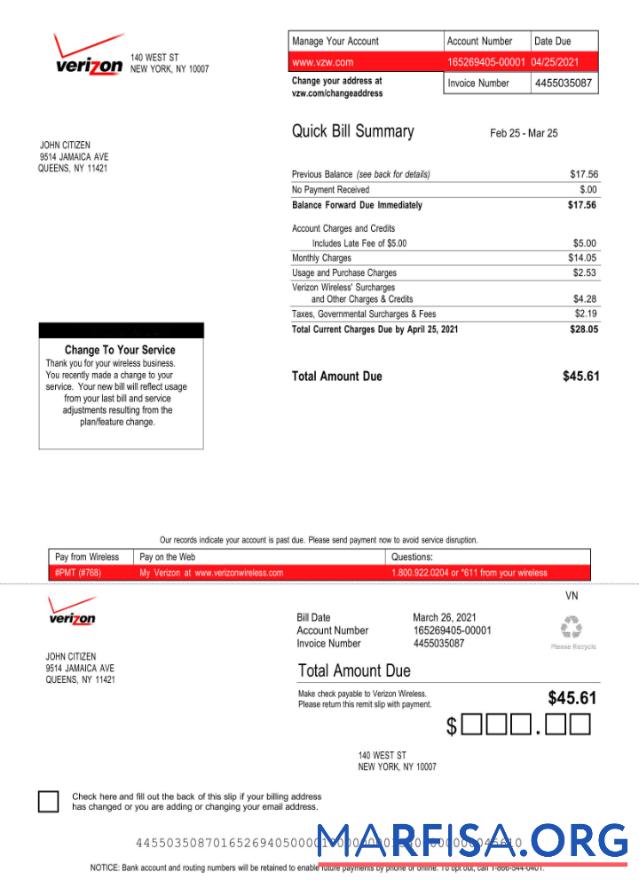 Редактируемый США Verizon Счёт за коммунальные услуги Счёт Word and PDF Шаблон, Версия 3