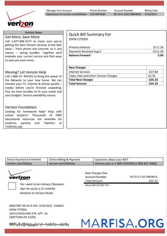 Реалистичный США Verizon Счёт за коммунальные услуги Счёт Шаблон in Word and PDF Формат
