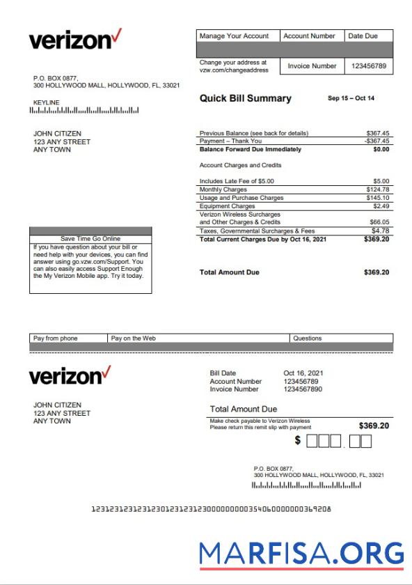 Реалистичный США Verizon Счёт за коммунальные услуги Счёт Шаблон in Word Формат, fully Редактируемый, Версия 2