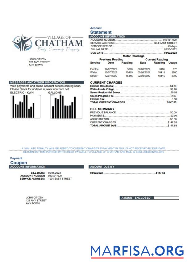 Профессиональный США Village of Chatham Счёт за коммунальные услуги Счёт Шаблон in Word and PDF Формат