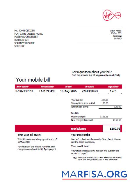 Реалистичный США Virgin Media Счёт за коммунальные услуги Счёт Шаблон in Word and PDF Форматы, Версия 2