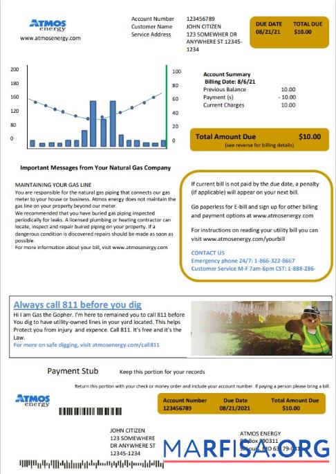 Высокое Качество США Virginia Atmos Energy Счёт за коммунальные услуги Счёт Шаблон in Word and PDF Формат (.doc and .PDF)