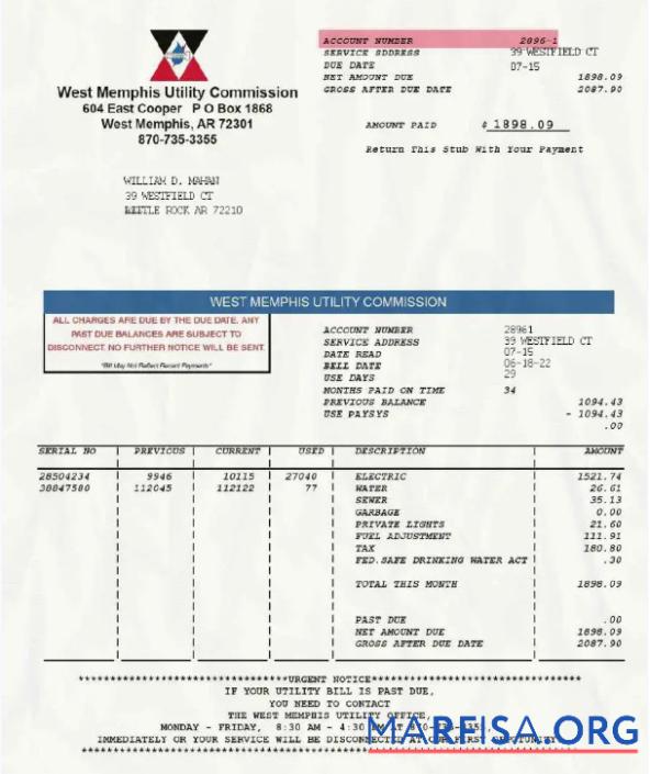 Высокое Качество США WEST MEMPHIS Счёт за коммунальные услуги COMMISSION Счёт за коммунальные услуги Счёт Word and PDF Шаблон