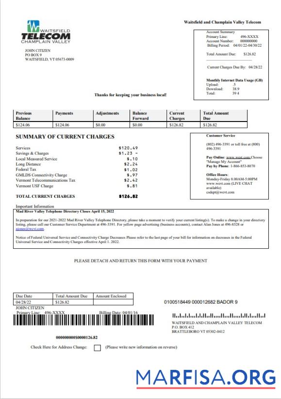 Редактируемый США Waitsfield Telecom Счёт за коммунальные услуги Счёт Шаблон in Word and PDF Формат