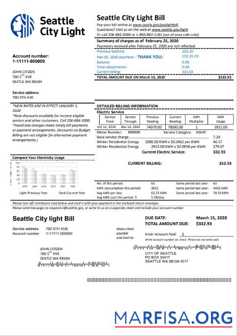 Высокое Качество США Washington Seattle City Light Счёт за коммунальные услуги Счёт Шаблон in Word and PDF Формат