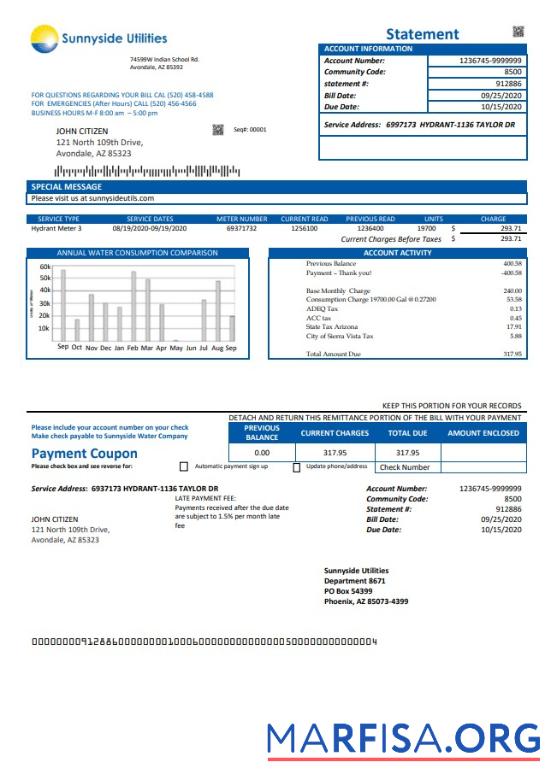 Высокое Качество США Washington Sunnyside Utilities Вода Счёт за коммунальные услуги Счёт Шаблон in Word and PDF Формат
