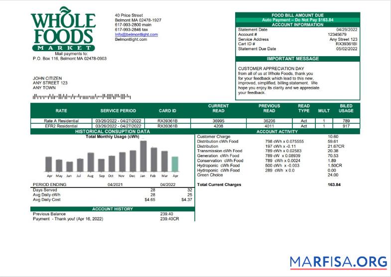 Редактируемый США Whole Foods Market Счёт за коммунальные услуги Счёт Шаблон in Word and PDF Формат