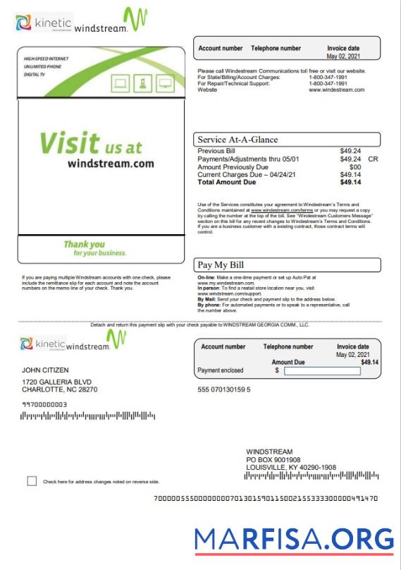 Высокое Качество США Windstream Holdings, Inc. Счёт за коммунальные услуги Счёт Шаблон in Word and PDF Формат