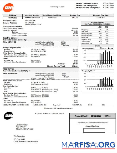 Высокое Качество США Wisconsin We Energies Электричество Счёт за коммунальные услуги Счёт Шаблон in Word and PDF Формат