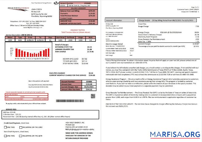 США Wyoming Высокое West Energy Счёт за коммунальные услуги Счёт in Word anf PDF Формат (2 pages) макет