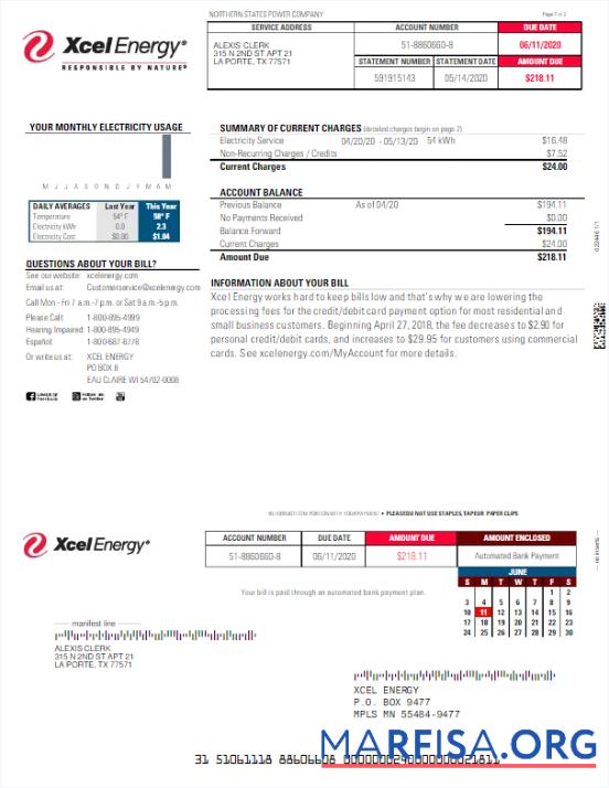 Редактируемый США XCEL ENERGY Счёт за коммунальные услуги Счёт Word and PDF Шаблон
