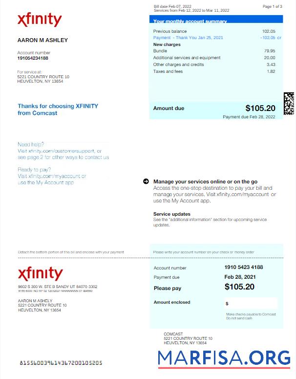 Редактируемый США XFINITY Счёт за коммунальные услуги Счёт Word and PDF Шаблон, Версия 2