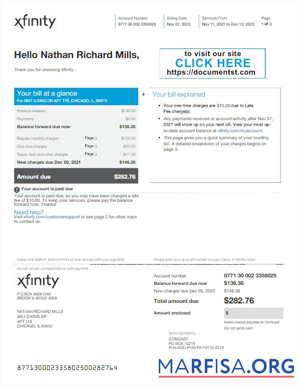 Редактируемый США XFINITY Счёт за коммунальные услуги Счёт Word and PDF Шаблон
