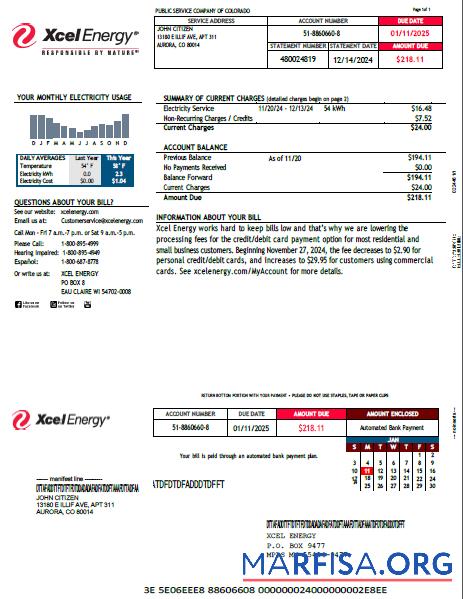 Высокое Качество США Xcel Energy Счёт за коммунальные услуги Счёт Шаблон in Word and PDF Форматы, Версия 2