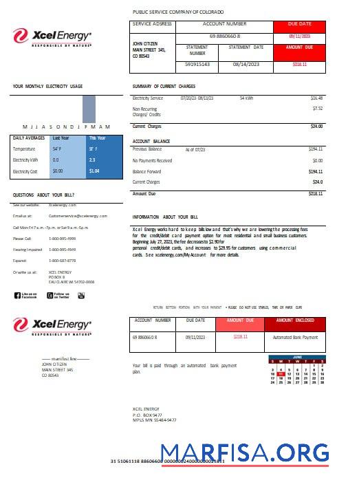 США XcelEnergy electric Счёт за коммунальные услуги Счёт Word and PDF Форматы макет