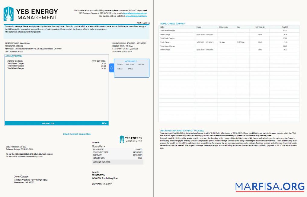 Высокое Качество США YES Energy Management Счёт за коммунальные услуги Счёт Шаблон in Word and PDF Форматы, 2 pages