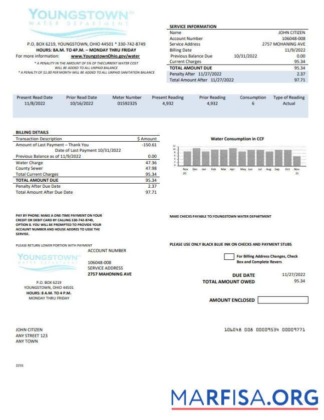 Реалистичный США Youngstown Вода Department Счёт за коммунальные услуги Счёт Шаблон in Word and PDF Формат