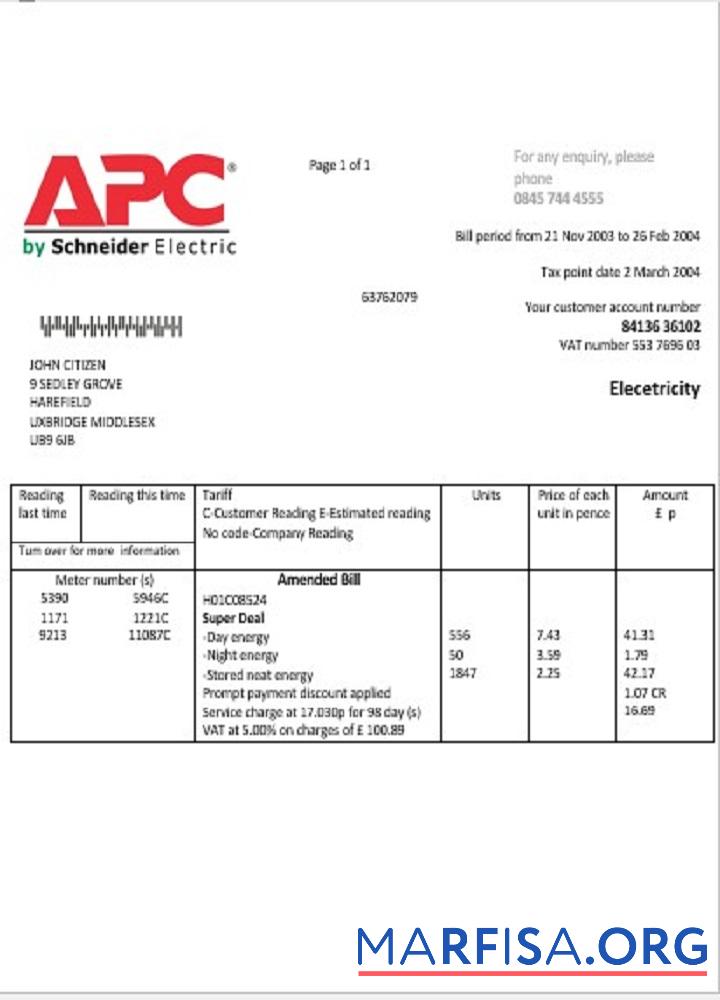 Высокое Качество Великобритания APC Электричество Счёт за коммунальные услуги Счёт Шаблон in Word and PDF Формат