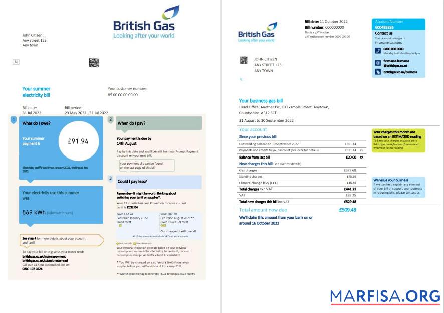 Редактируемый Великобритания British Газ Счёт, Word and PDF Шаблон, 2 pages