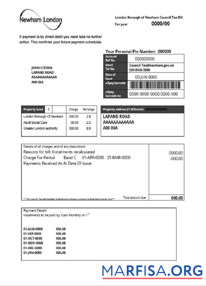 Редактируемый Великобритания London of Borough of Newham council Налог Счёт Шаблон in Word and PDF Формат