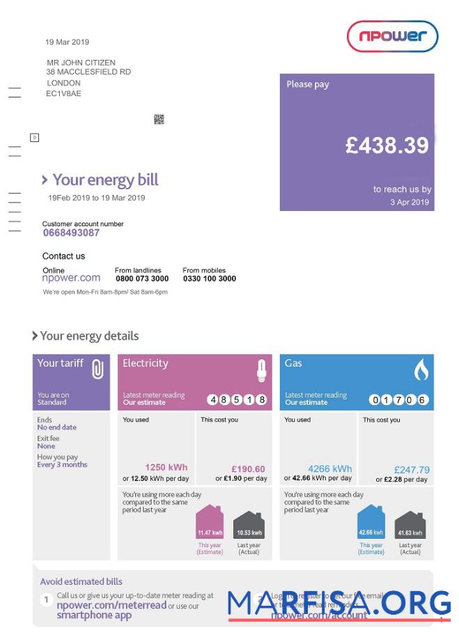 Профессиональный Великобритания Npower Счёт за коммунальные услуги Счёт Шаблон, fully Редактируемый in PSD Формат