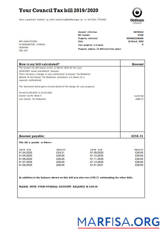 Редактируемый Великобритания Oldham council Налог Счёт Шаблон in Word and PDF Формат