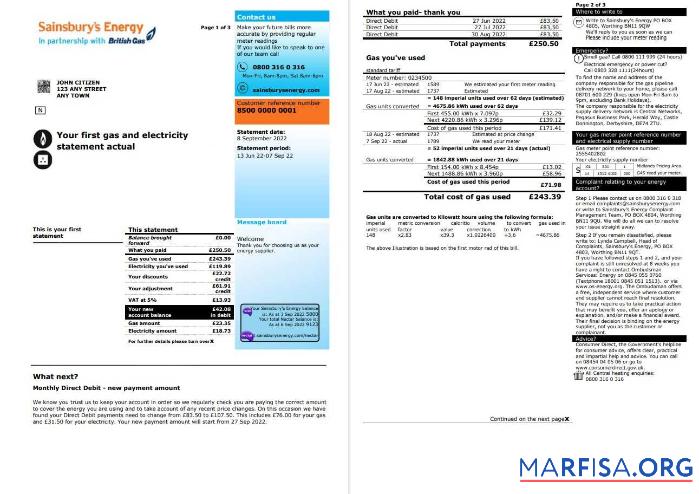 Премиум Великобритания SainsburyΓÇÖs Energy (British Газ) Счёт, Word and PDF Шаблон, 3 pages 1 2