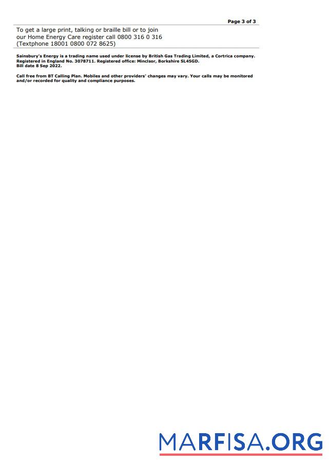 Высокое Качество Великобритания SainsburyΓÇÖs Energy (British Газ) Счёт, Word and PDF Шаблон, 3 pages 3