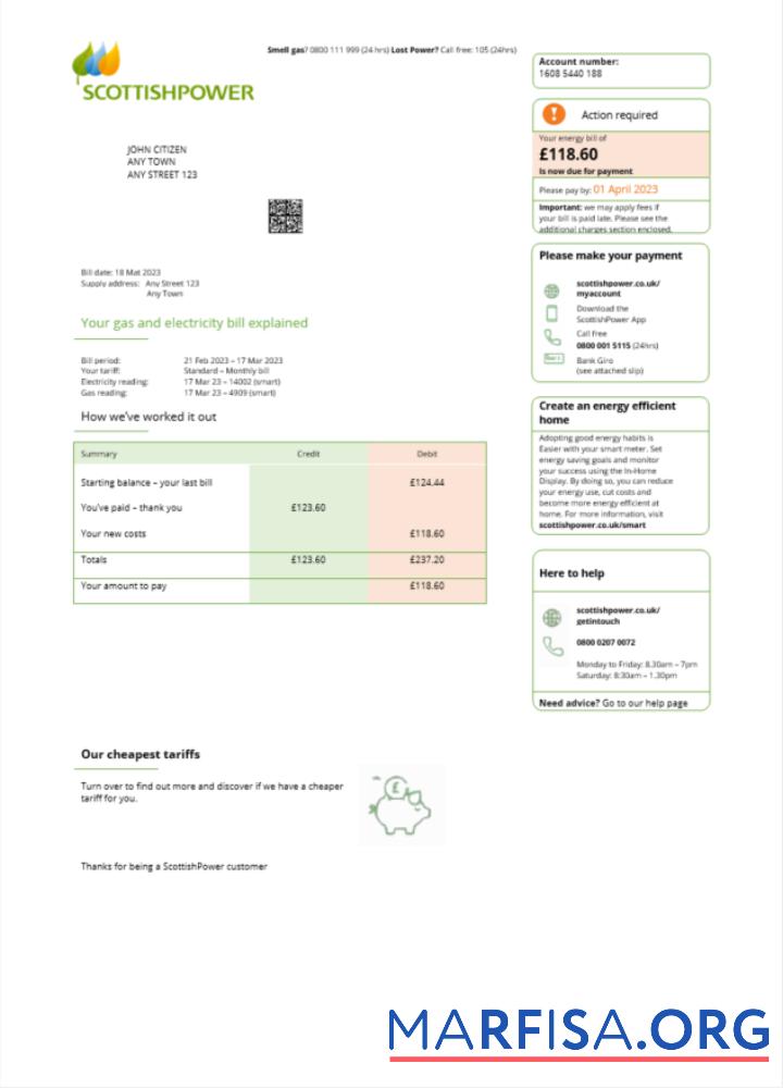 Редактируемый Великобритания Scottish Power Счёт за коммунальные услуги Счёт Word and PDF Шаблон scr