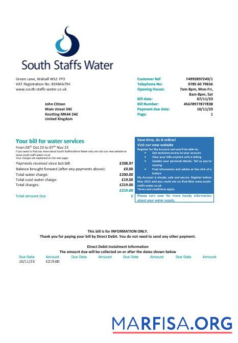 Великобритания South Staffs Вода Вода Счёт за коммунальные услуги Счёт Word and PDF Форматы, Версия 2 шаблон