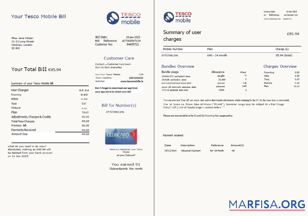 Реалистичный Великобритания Tesco Mobile Счёт за коммунальные услуги Счёт Шаблон in Word and PDF Форматы, 2 pages, Версия 2