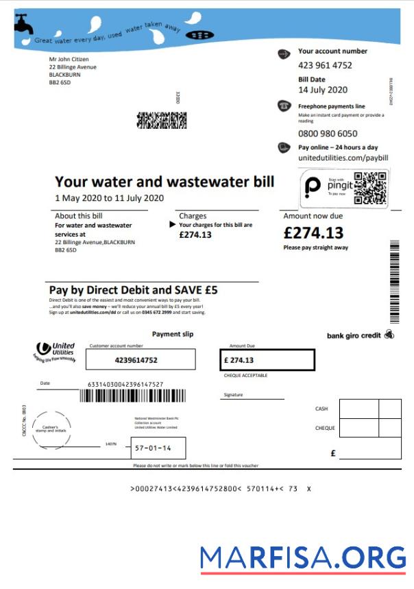 Премиум Великобритания United Utilities Вода Счёт за коммунальные услуги Счёт Шаблон in Word and PDF Формат