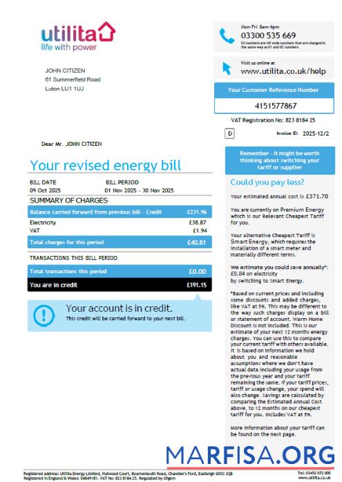 Высокое Качество Великобритания Utilita Energy Счёт за коммунальные услуги Счёт Шаблон in Word and PDF Форматы