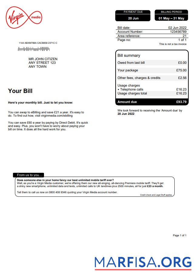 Премиум Великобритания Virgin Media Счёт за коммунальные услуги Счёт, Word and PDF Шаблон