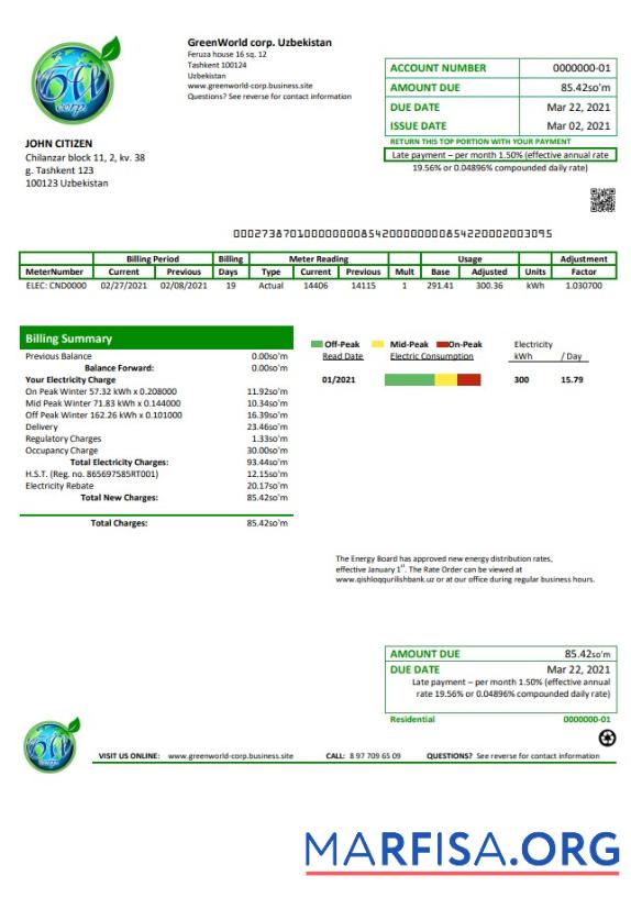 Высокое Качество Узбекистан GreenWorld Счёт за коммунальные услуги Счёт Шаблон in Word and PDF (.doc and .PDF) Формат, fully Редактируемый